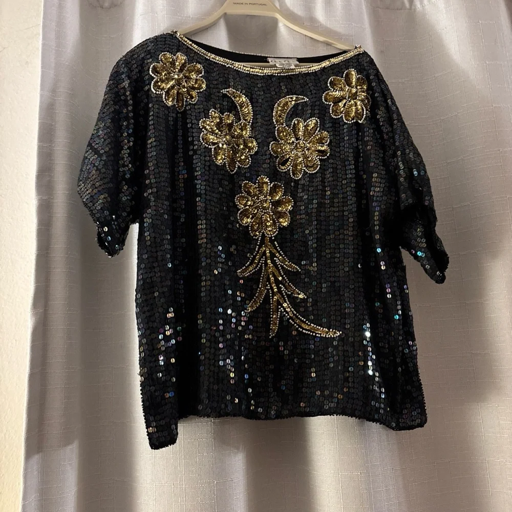 Vintage Size 20 CeeCee 100% Silk Hand Beaded Blouse Sequined Bling New Years - Picture 1 of 10